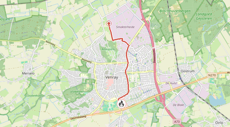 Kaart van de omgeving van de melding, met de kazerne die is gealarmeerd