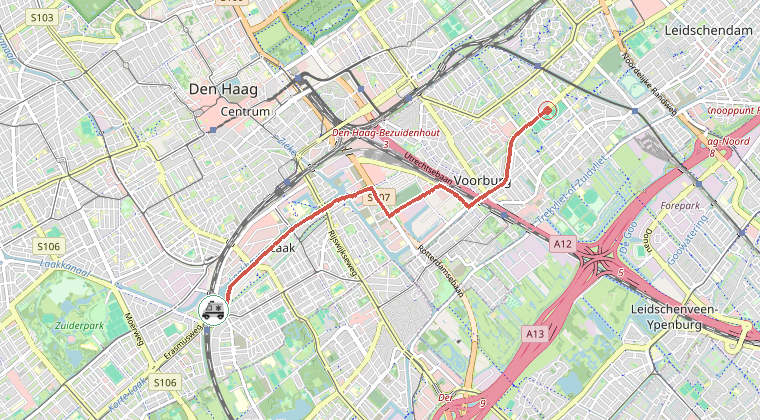 Kaart van de omgeving van de melding, met de kazerne die is gealarmeerd