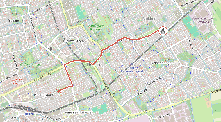 Kaart van de omgeving van de melding, met de kazerne die is gealarmeerd