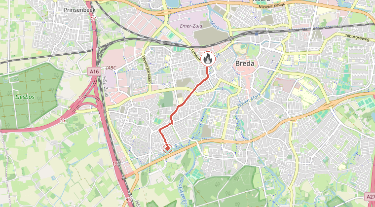 Kaart van de omgeving van de melding, met de kazerne die is gealarmeerd