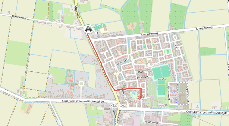 Kaart van de omgeving van de melding, met de kazerne die is gealarmeerd