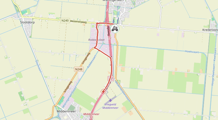 Kaart van de omgeving van de melding, met de kazerne die is gealarmeerd