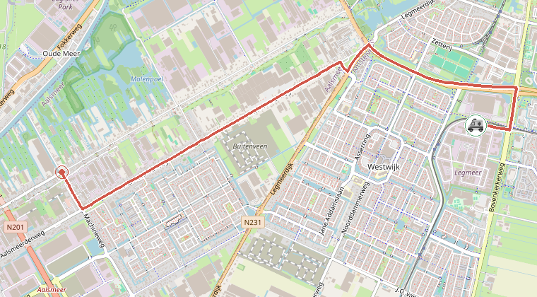 Kaart van de omgeving van de melding, met de kazerne die is gealarmeerd