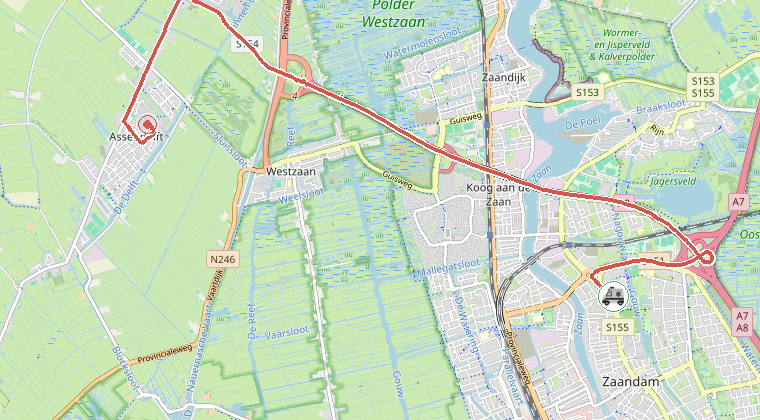 Kaart van de omgeving van de melding, met de kazerne die is gealarmeerd