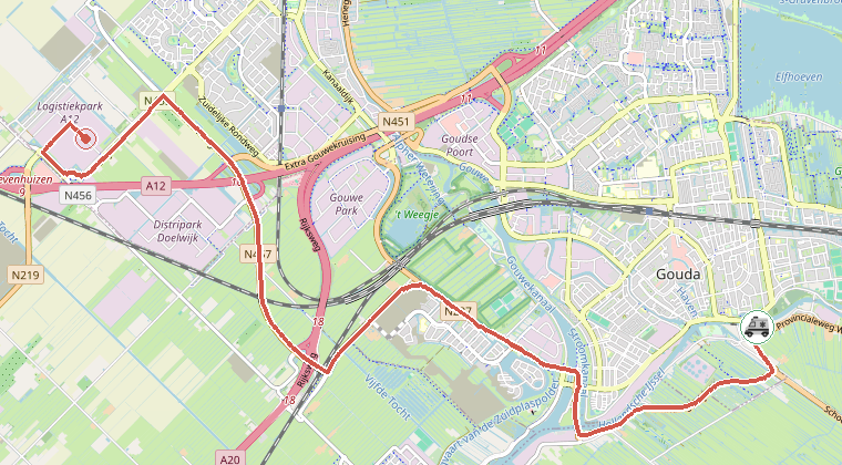 Kaart van de omgeving van de melding, met de kazerne die is gealarmeerd