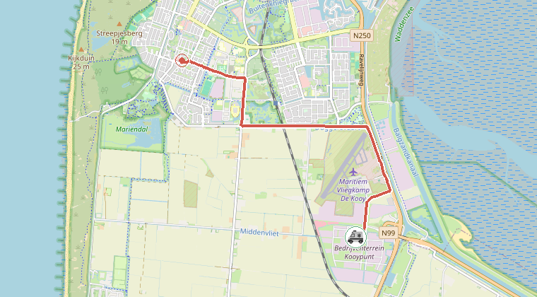 Kaart van de omgeving van de melding, met de kazerne die is gealarmeerd