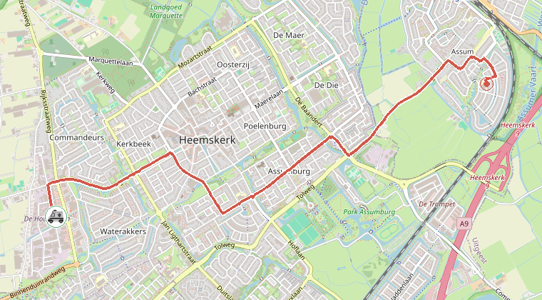 Kaart van de omgeving van de melding, met de kazerne die is gealarmeerd