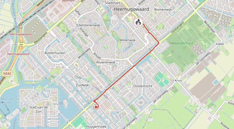 Kaart van de omgeving van de melding, met de kazerne die is gealarmeerd