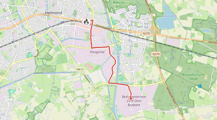 Kaart van de omgeving van de melding, met de kazerne die is gealarmeerd