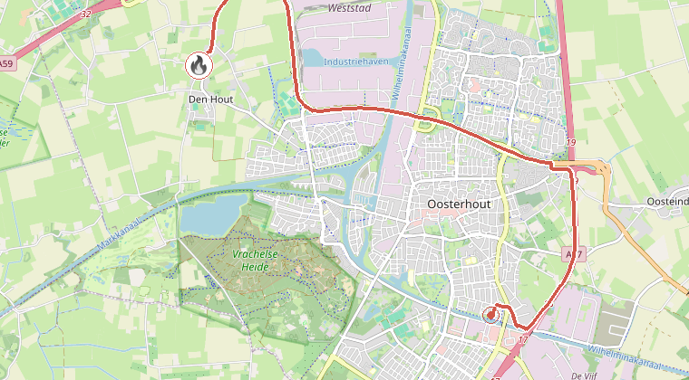 Kaart van de omgeving van de melding, met de kazerne die is gealarmeerd