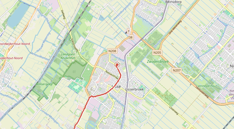 Kaart van de omgeving van de melding, met de kazerne die is gealarmeerd