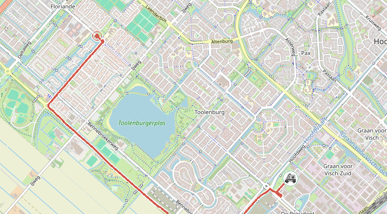 Kaart van de omgeving van de melding, met de kazerne die is gealarmeerd