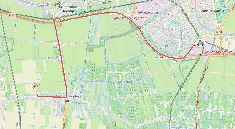 Kaart van de omgeving van de melding, met de kazerne die is gealarmeerd