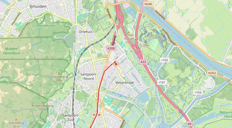 Kaart van de omgeving van de melding, met de kazerne die is gealarmeerd