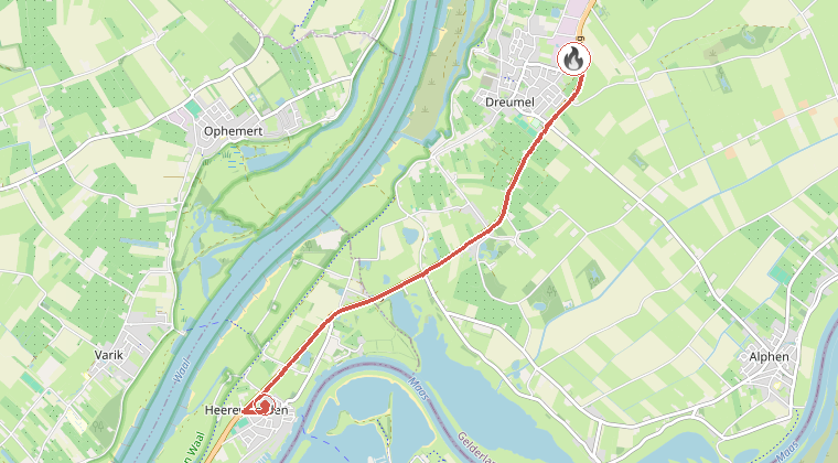 Kaart van de omgeving van de melding, met de kazerne die is gealarmeerd