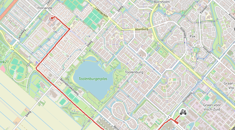 Kaart van de omgeving van de melding, met de kazerne die is gealarmeerd