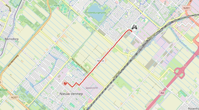 Kaart van de omgeving van de melding, met de kazerne die is gealarmeerd