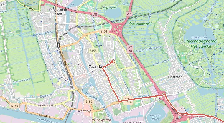 Kaart van de omgeving van de melding, met de kazerne die is gealarmeerd