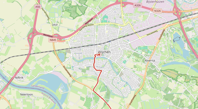Kaart van de omgeving van de melding, met de kazerne die is gealarmeerd