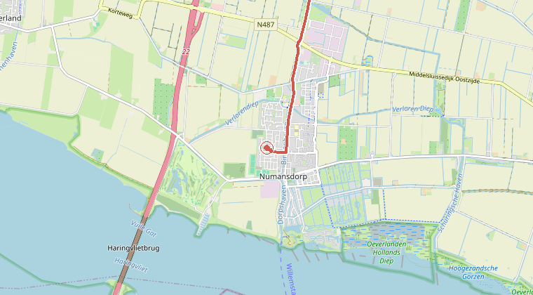 Kaart van de omgeving van de melding, met de kazerne die is gealarmeerd
