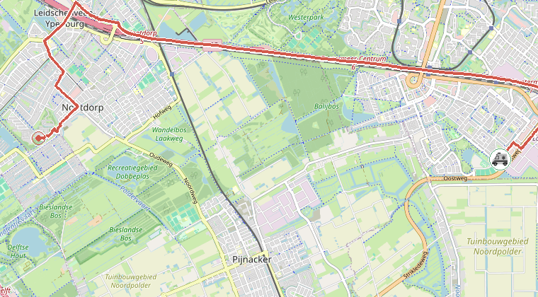 Kaart van de omgeving van de melding, met de kazerne die is gealarmeerd