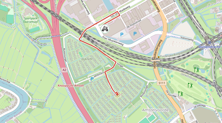 Kaart van de omgeving van de melding, met de kazerne die is gealarmeerd