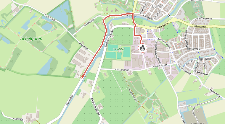 Kaart van de omgeving van de melding, met de kazerne die is gealarmeerd