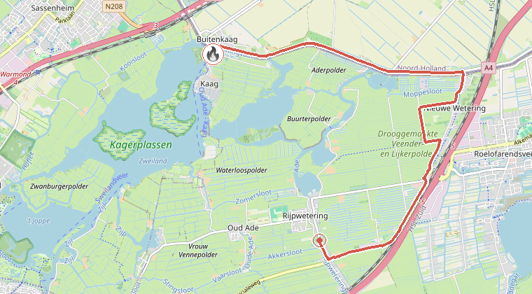 Kaart van de omgeving van de melding, met de kazerne die is gealarmeerd