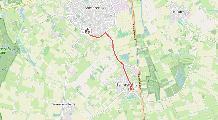 Kaart van de omgeving van de melding, met de kazerne die is gealarmeerd