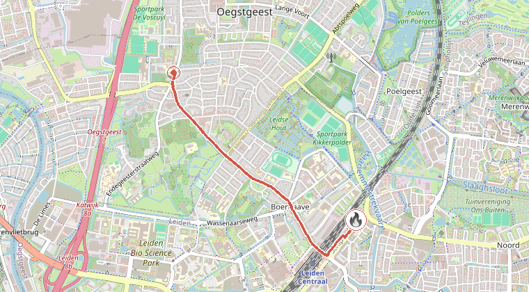Kaart van de omgeving van de melding, met de kazerne die is gealarmeerd