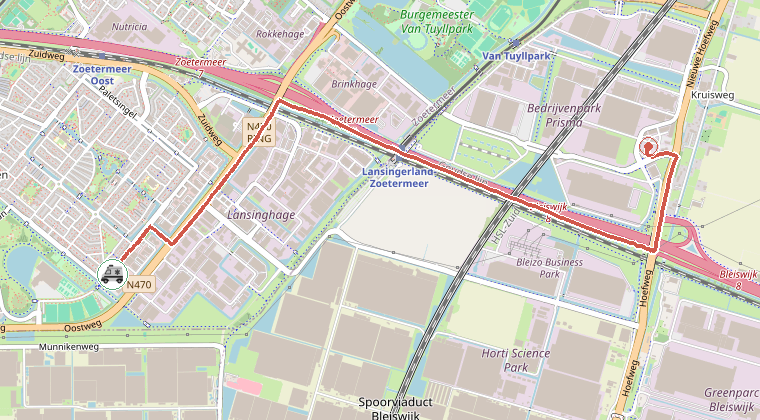 Kaart van de omgeving van de melding, met de kazerne die is gealarmeerd