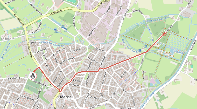 Kaart van de omgeving van de melding, met de kazerne die is gealarmeerd