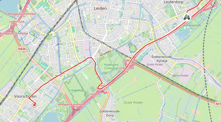 Kaart van de omgeving van de melding, met de kazerne die is gealarmeerd