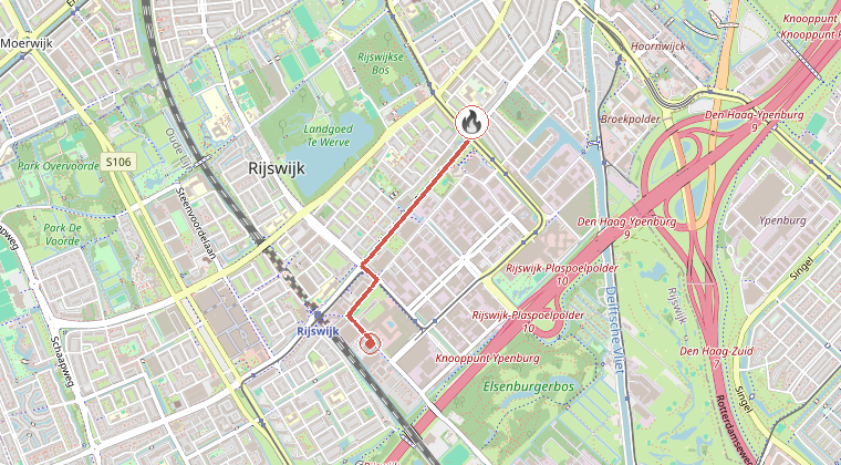 Kaart van de omgeving van de melding, met de kazerne die is gealarmeerd