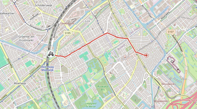 Kaart van de omgeving van de melding, met de kazerne die is gealarmeerd