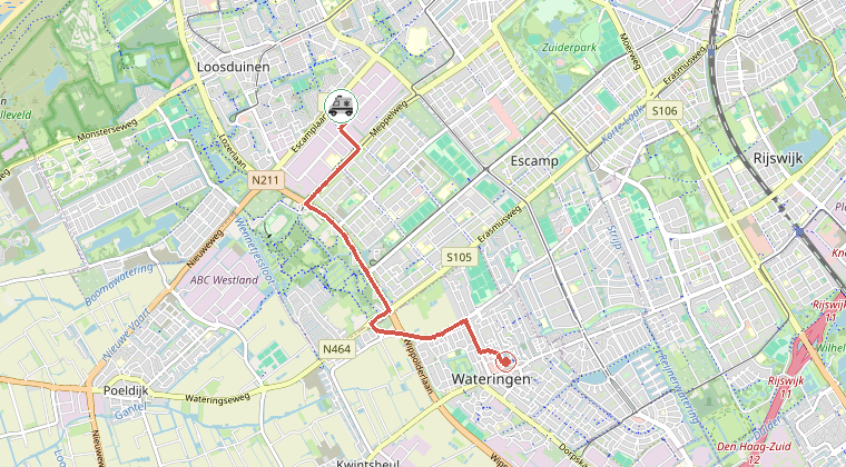 Kaart van de omgeving van de melding, met de kazerne die is gealarmeerd