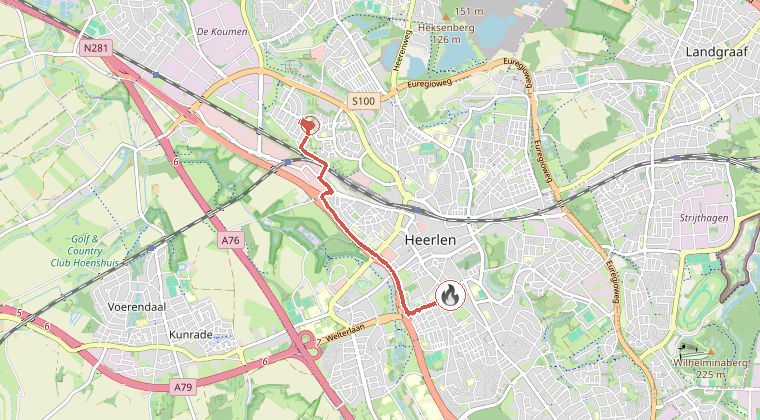 Kaart van de omgeving van de melding, met de kazerne die is gealarmeerd