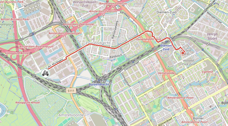 Kaart van de omgeving van de melding, met de kazerne die is gealarmeerd