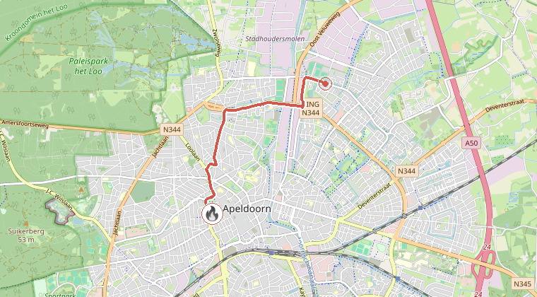 Kaart van de omgeving van de melding, met de kazerne die is gealarmeerd