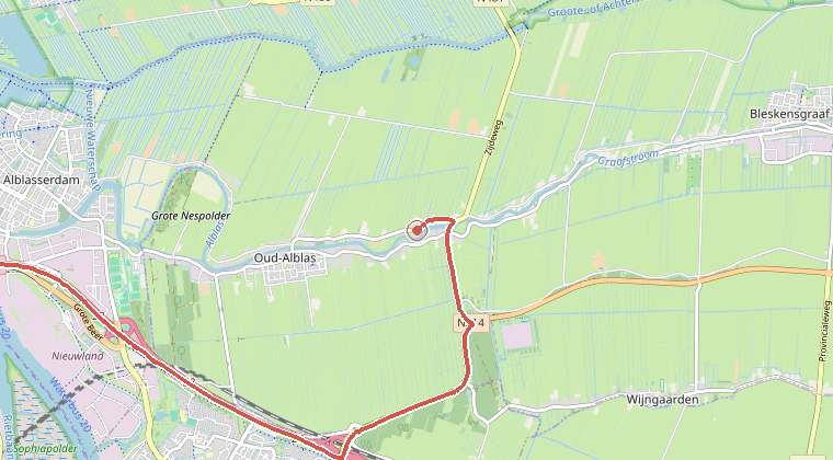 Kaart van de omgeving van de melding, met de kazerne die is gealarmeerd