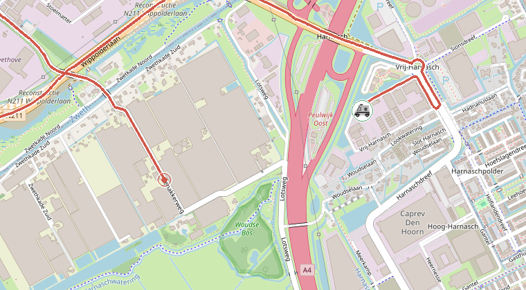 Kaart van de omgeving van de melding, met de kazerne die is gealarmeerd