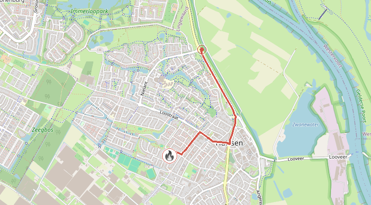Kaart van de omgeving van de melding, met de kazerne die is gealarmeerd
