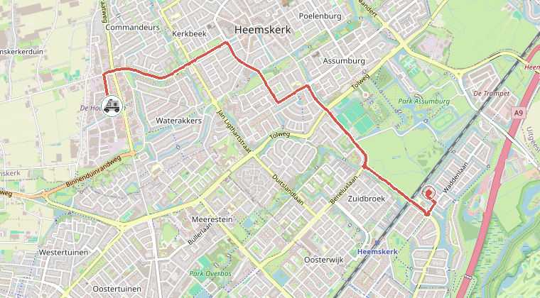 Kaart van de omgeving van de melding, met de kazerne die is gealarmeerd