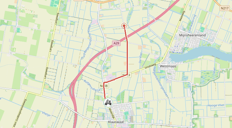 Kaart van de omgeving van de melding, met de kazerne die is gealarmeerd