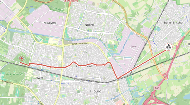 Kaart van de omgeving van de melding, met de kazerne die is gealarmeerd