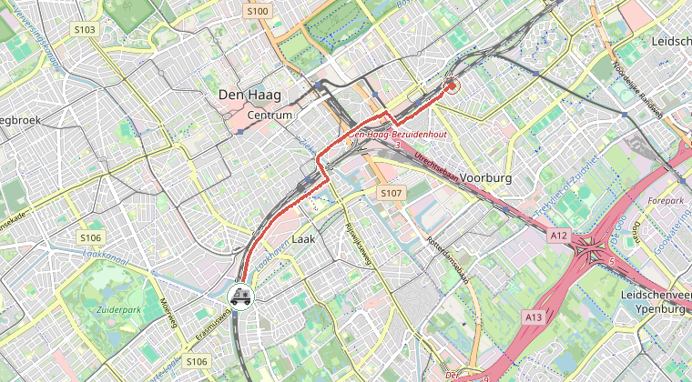 Kaart van de omgeving van de melding, met de kazerne die is gealarmeerd