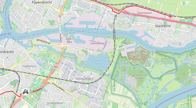Kaart van de omgeving van de melding, met de kazerne die is gealarmeerd