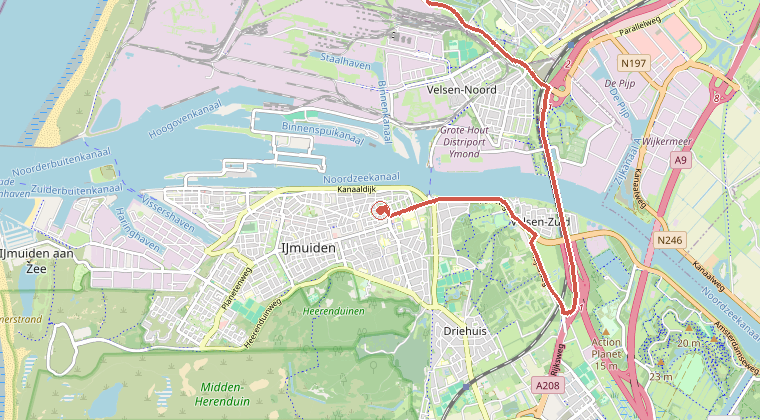 Kaart van de omgeving van de melding, met de kazerne die is gealarmeerd