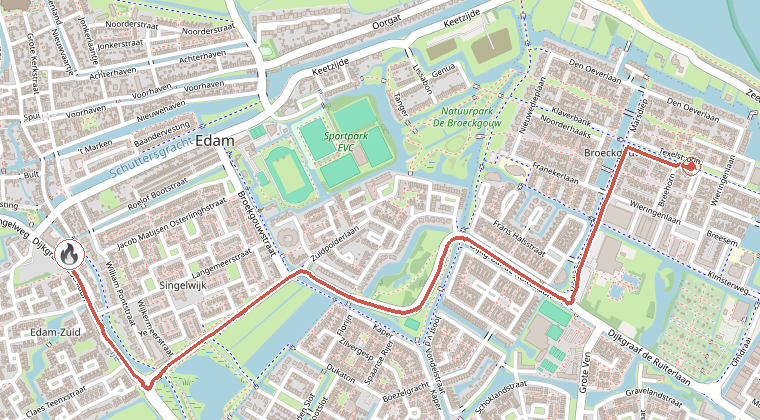 Kaart van de omgeving van de melding, met de kazerne die is gealarmeerd