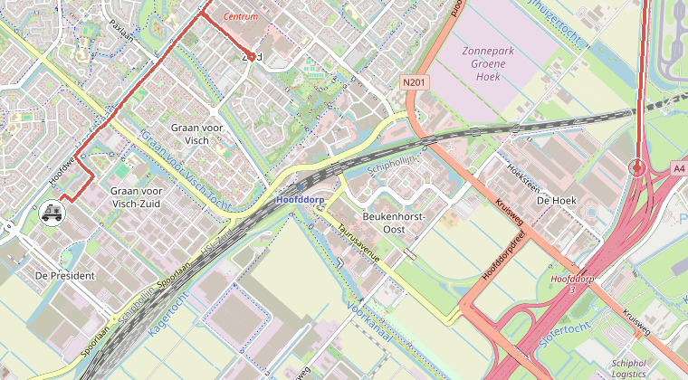 Kaart van de omgeving van de melding, met de kazerne die is gealarmeerd